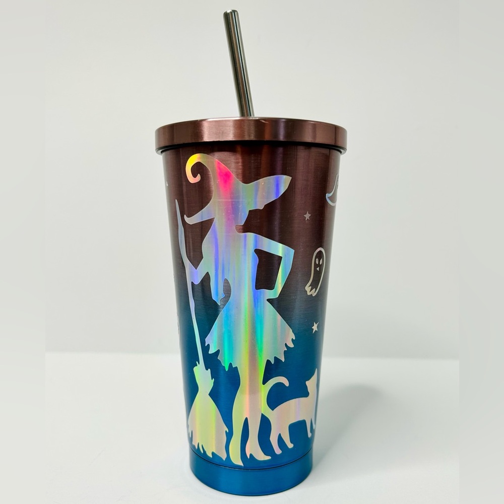 Tumbler stainless steel Halloween Witch and ghost holographic vinyl decal